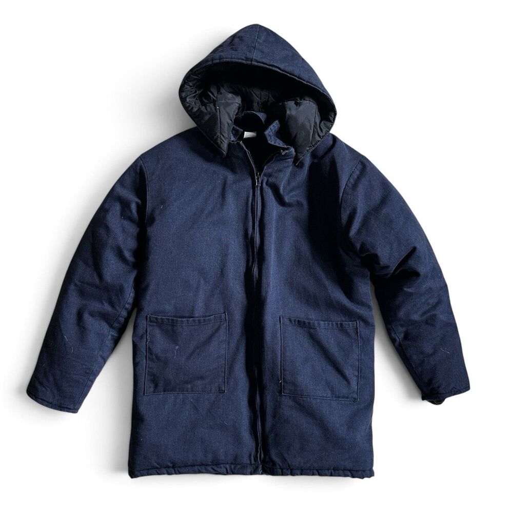 Vintage Navy Blue Insulated Workwear Parka Hooded Chore Coat, Medium, Quilt